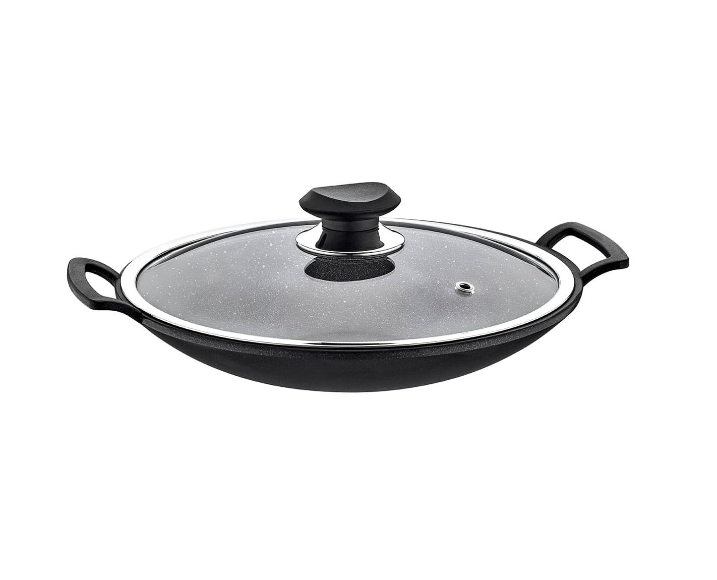 OMS Granite Turkish Wok with Glass Cover 24cm Black