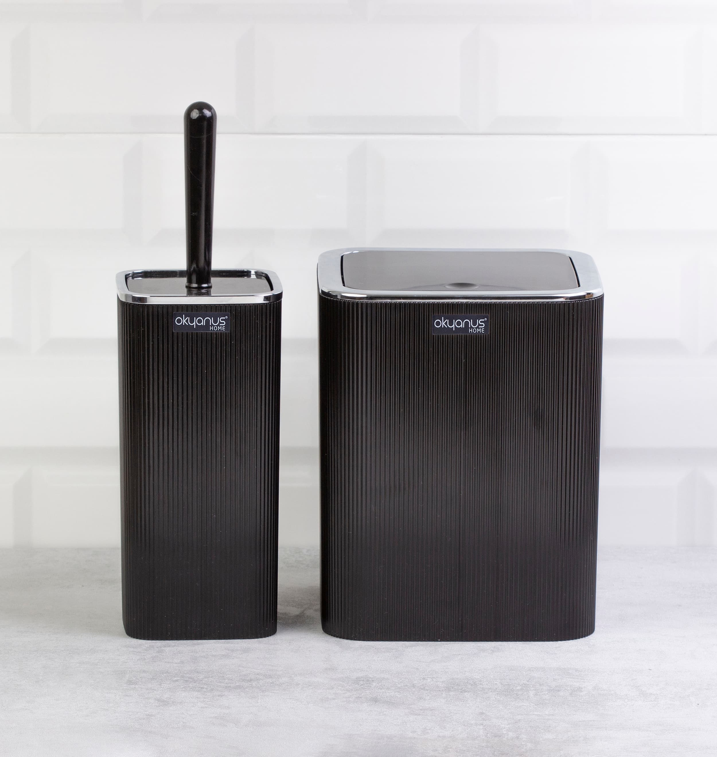 Okyanus Square Striped Bathroom Set of 2 Pcs Black/Chrome