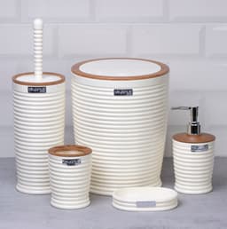Okyanus Elegance Round Bathroom Set (5 pcs) – White/Wooden image 0