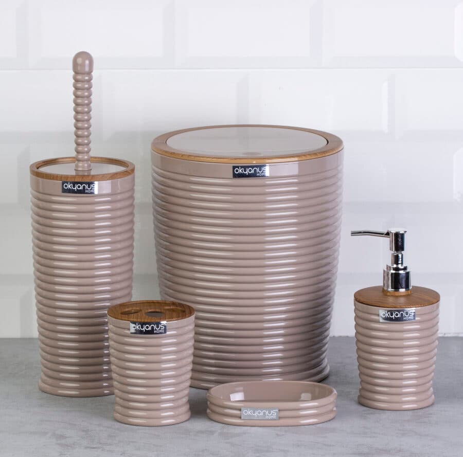 Okyanus Elegance Round Bathroom Set (5 pcs) – Brown/Wooden