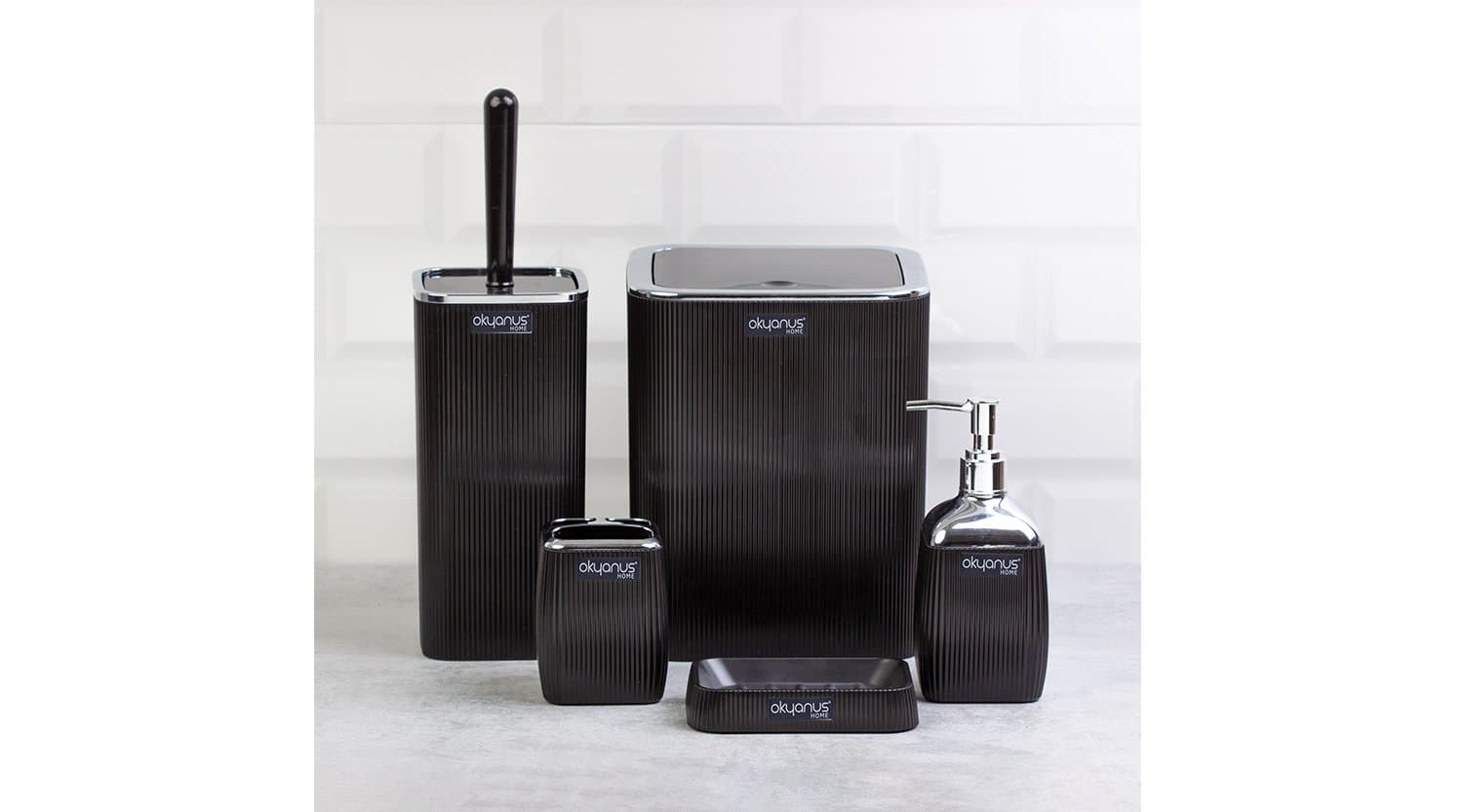 Okyanus Stripe Square Bathroom Set Black (5 pcs) Chrome