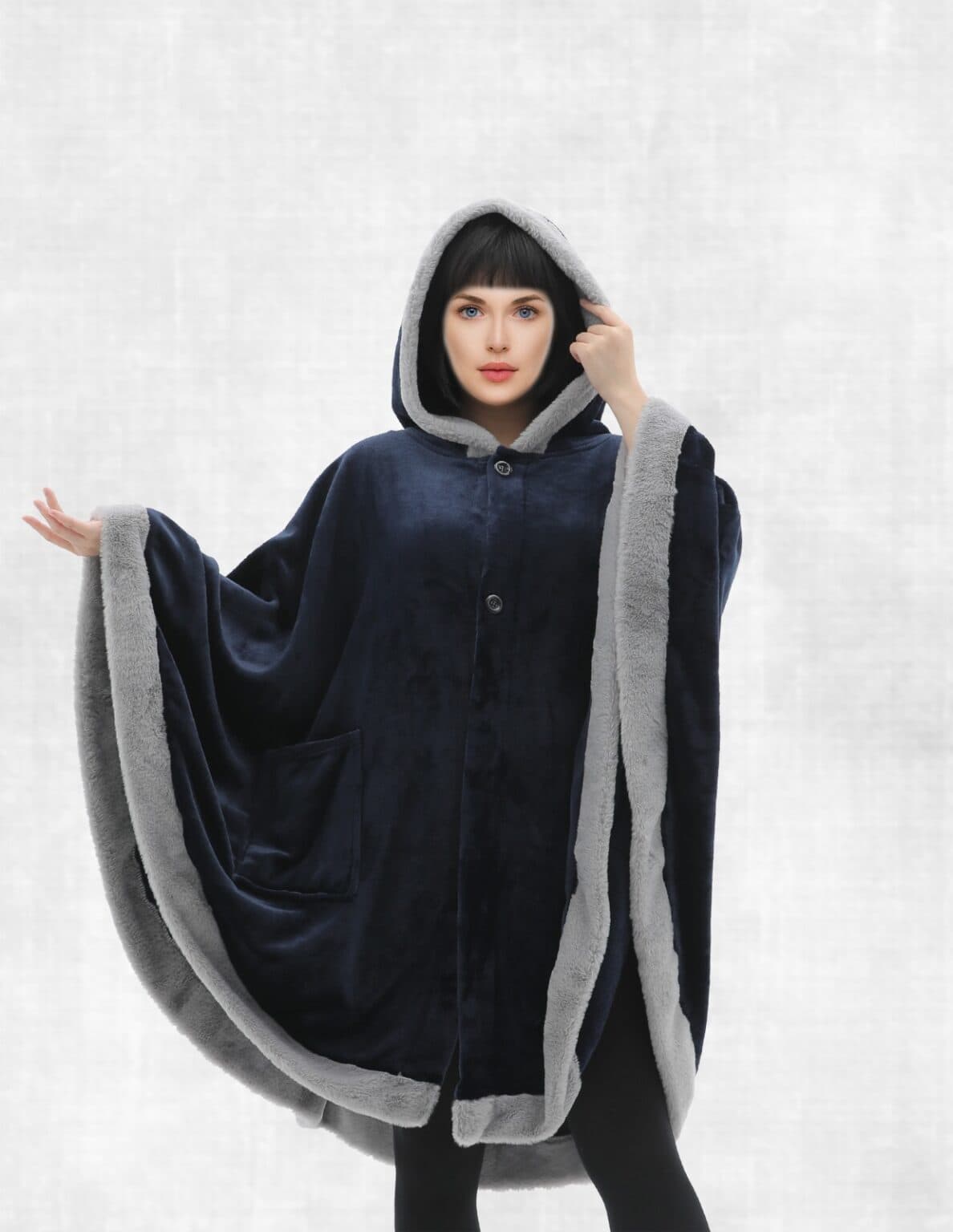 Cannon Flannel Pancho W/fur Blue