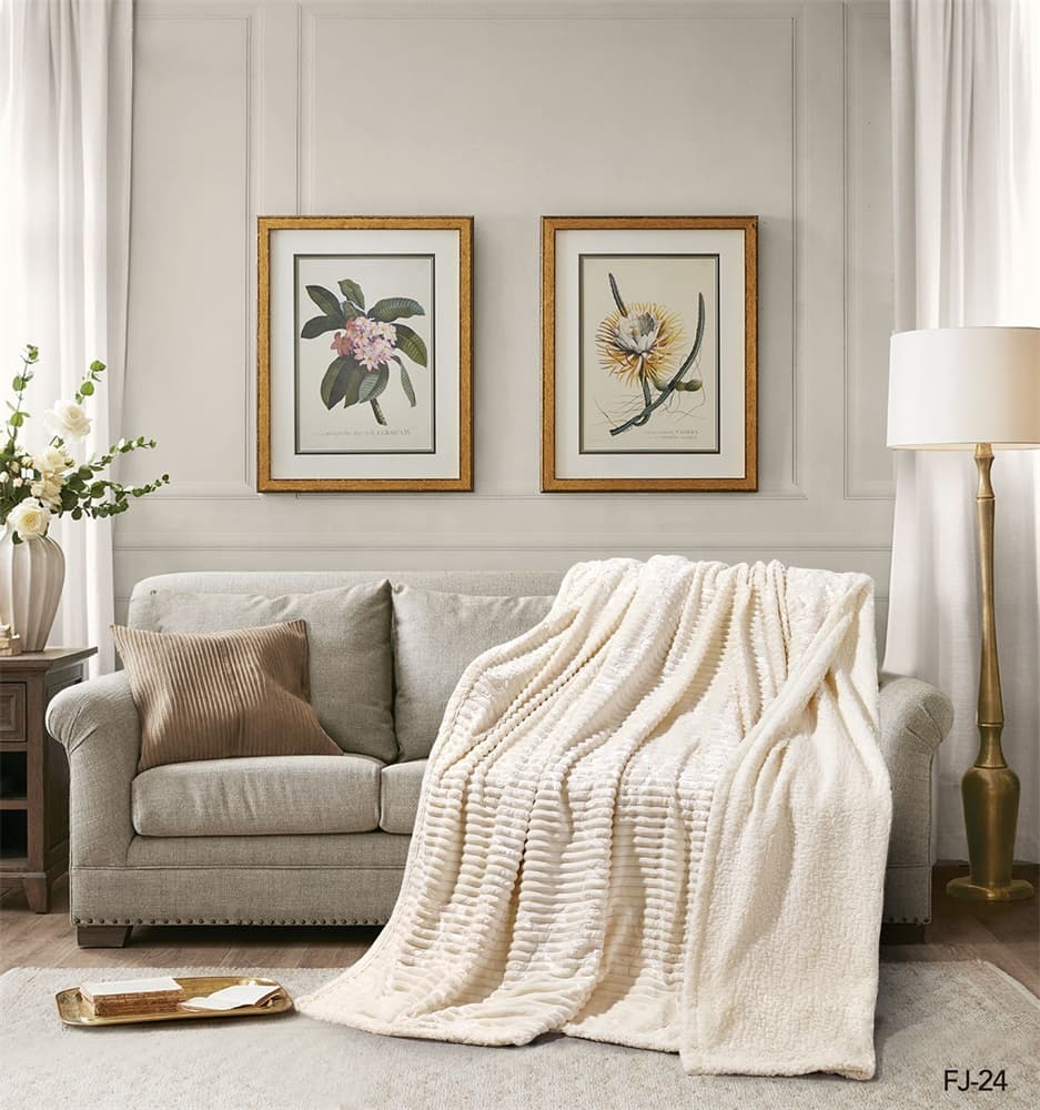 Cannon Flannel Stripe W/Jacq & Sherpa Blanket 240×220 Cream