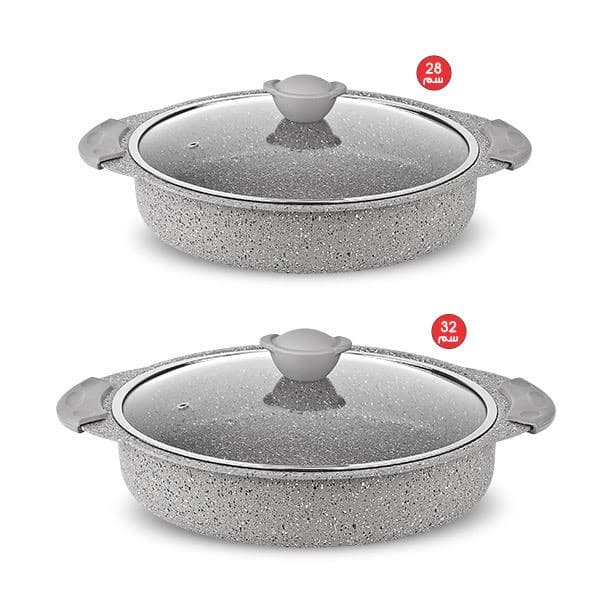 Bundle of OMS Granite Round Oven Trays with Lid 28 & 32 cm  Grey
