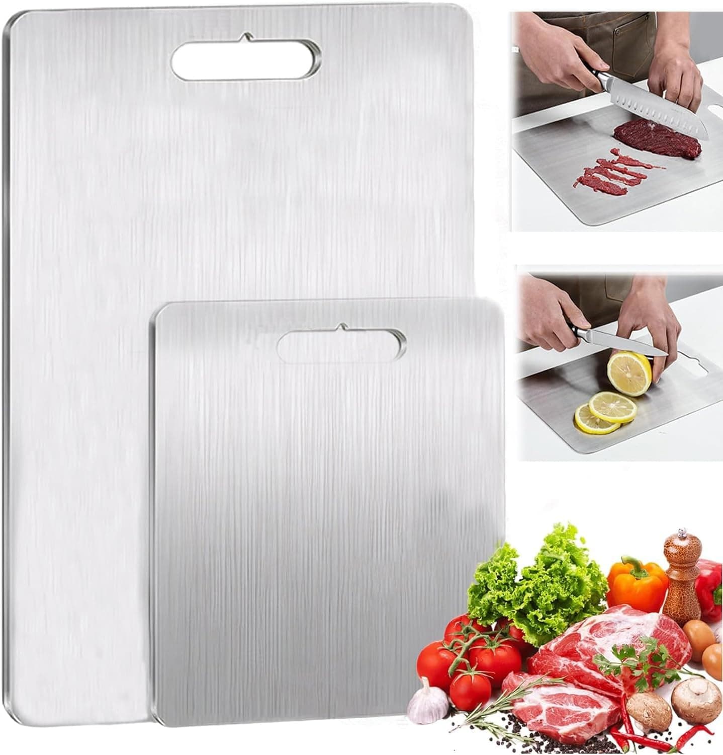 Mr Chef 2-Pack Stainless Steel Cutting Board for Kitchen, Double-Sided Food-Grade 304 Chopping Board, Large for Meat, Small for Vegetables & Fruit, BPA-Free, Dishwasher Safe, Durable